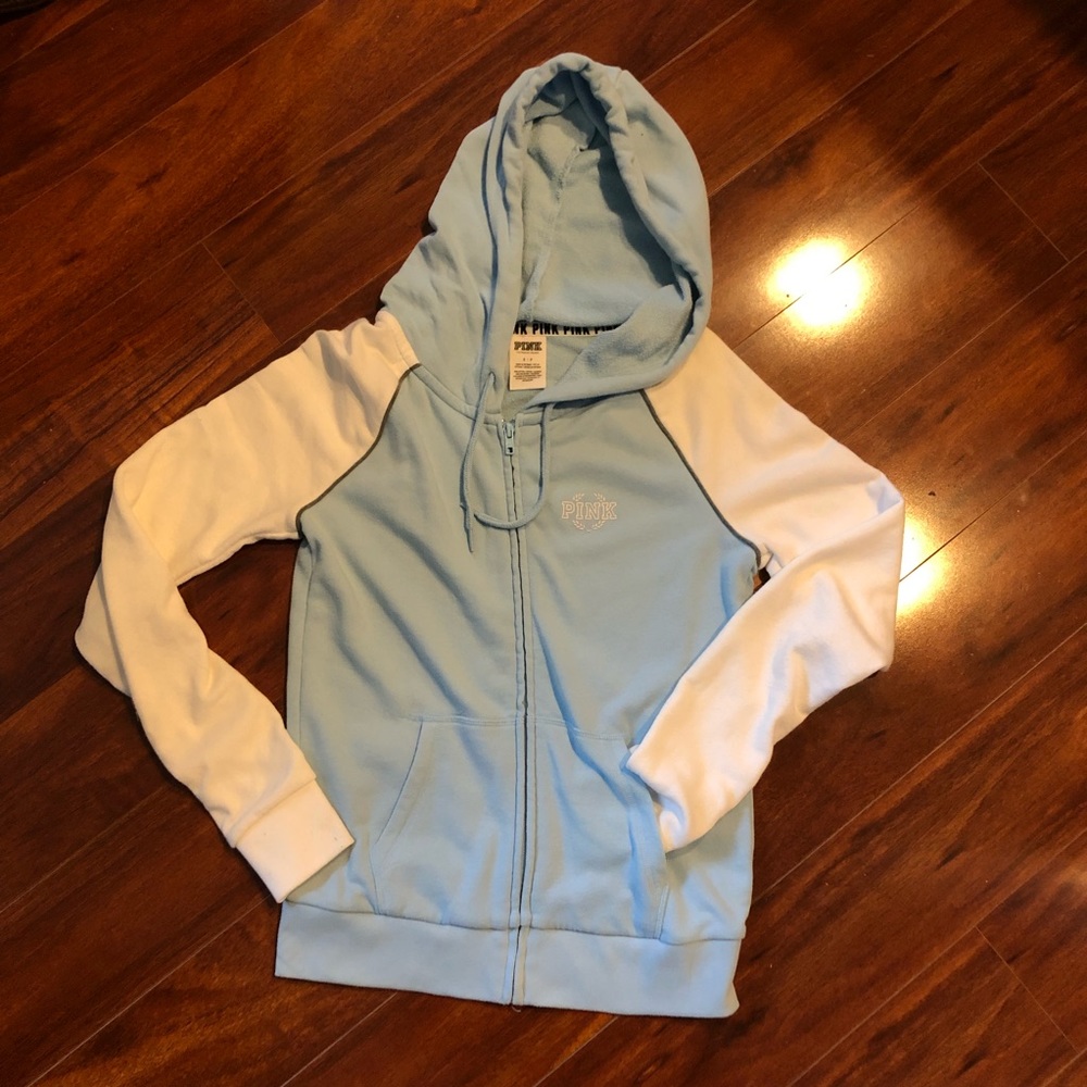 Victoria’s Secret Pink Light Blue Varsity Zip Up Hoodie Size Small